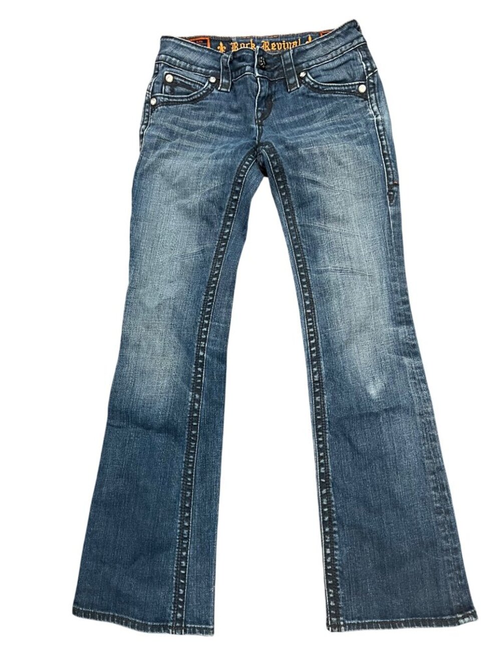 Rock Revival Womens Denim Jeans Sz 26 Medium Wash Embroidered Fleur-De-Lis Back